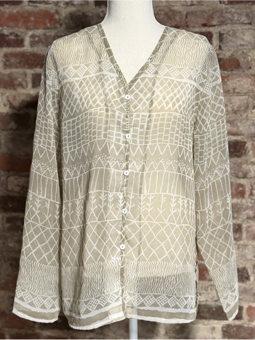 Sigrid Olsen Beige and White Sheer Geometric Button-Down Blouse